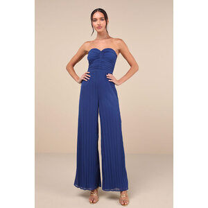 Lulus Certainly Charming Blue Pleated Strapless Wide-leg Jumpsuit - Size L